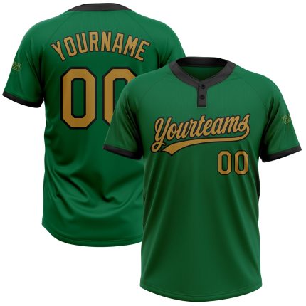 Custom Kelly Green Black Gold Two-Button Unisex Softball Jersey for Men and Women Custom Kelly Green Old Gold-Black Two-Button