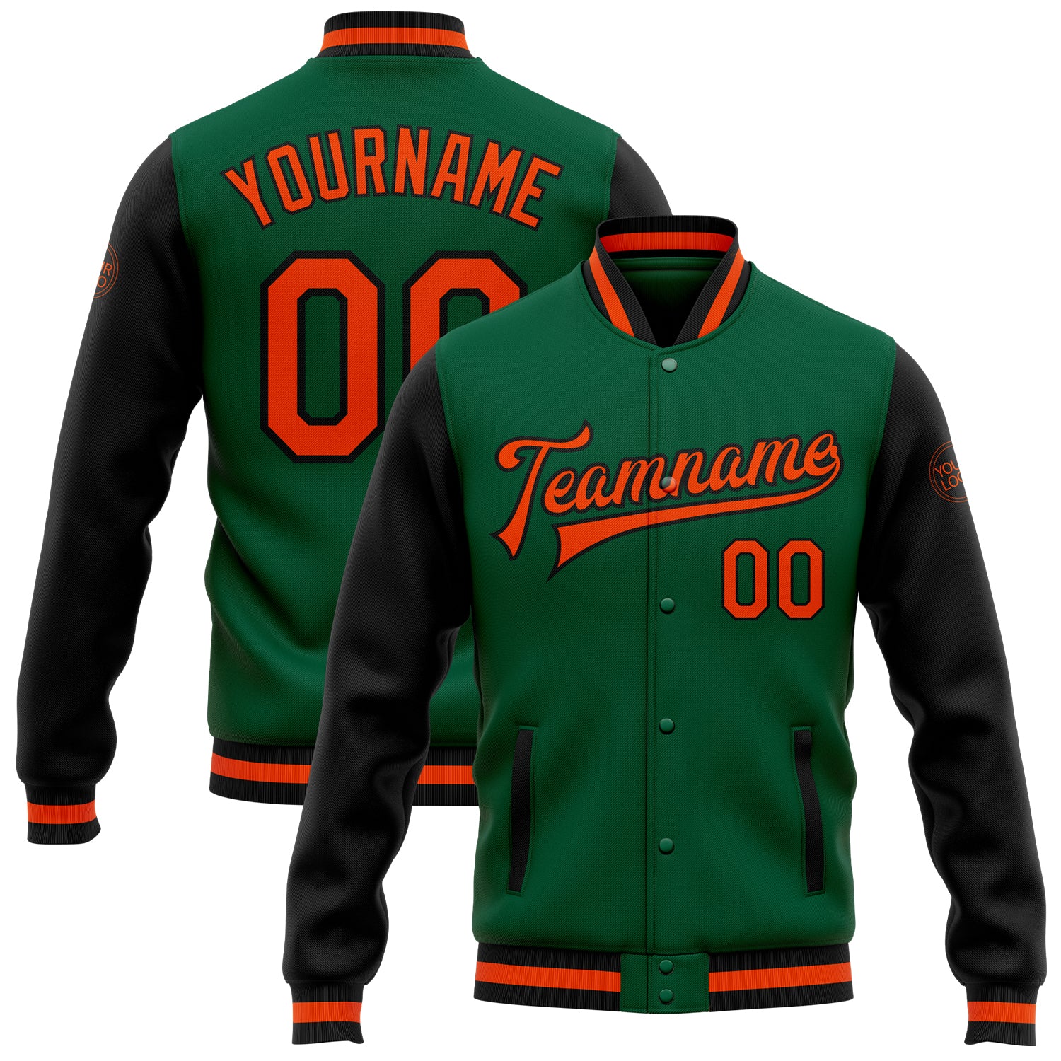 Custom Kelly Green Two Tone Varsity Letterman Bomber Jacket with Orange and Black Full-Snap Design Custom Kelly Green Orange-Black