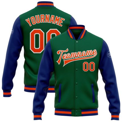 Custom Kelly Green Orange-Royal Two Tone Varsity Letterman Bomber Jacket - Full-Snap Style Custom Kelly Green Orange-Royal