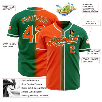 Custom kelly green, orange and white fade baseball jersey, back view
