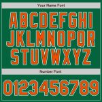Custom kelly green, orange and white fade baseball jersey, detail of the printed panel