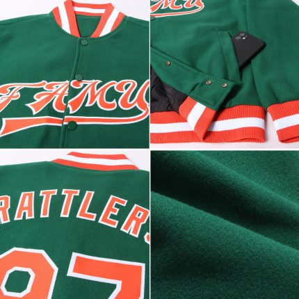 Custom Kelly Green Varsity Letterman Bomber Jacket - Orange White Full-Snap Design Custom Kelly Green Orange-White Bomber
