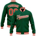 Custom Kelly Green Varsity Letterman Bomber Jacket - Orange White Full-Snap Design Custom Kelly Green Orange-White Bomber