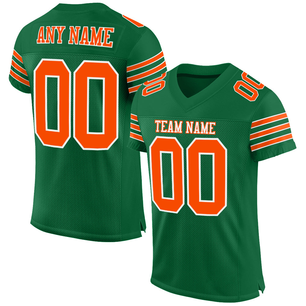 Custom Kelly Green Orange White Football Jersey - Authentic Mesh Design Custom Kelly Green Orange-White Mesh Authentic Football