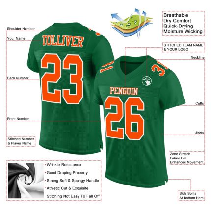 Kelly Green Orange-White Authentic Football Jersey Style 7020 - Custom Design, Comfortable Mesh Material Custom Kelly Green