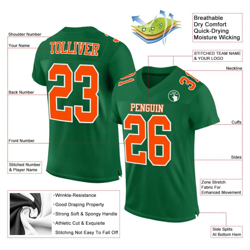 Kelly Green Orange-White Authentic Football Jersey Style 7020 - Custom Design, Comfortable Mesh Material Custom Kelly Green