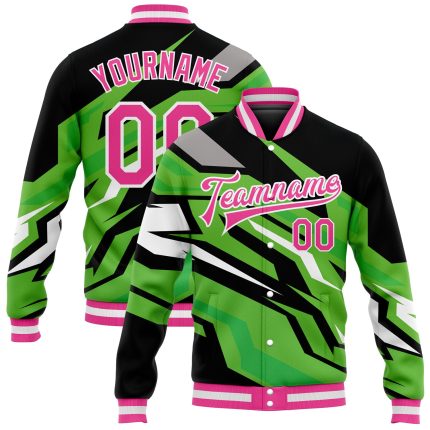 Custom 3D Pattern Kelly Green Pink-Black Varsity Letterman Bomber Jacket Full-Snap Custom Kelly Green Pink-Black 3D Pattern