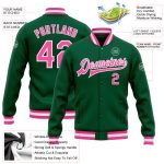 Custom Kelly Green Bomber Jacket Pink-White Varsity Full-Snap Letterman Custom Kelly Green Pink-White Bomber Full-Snap Varsity