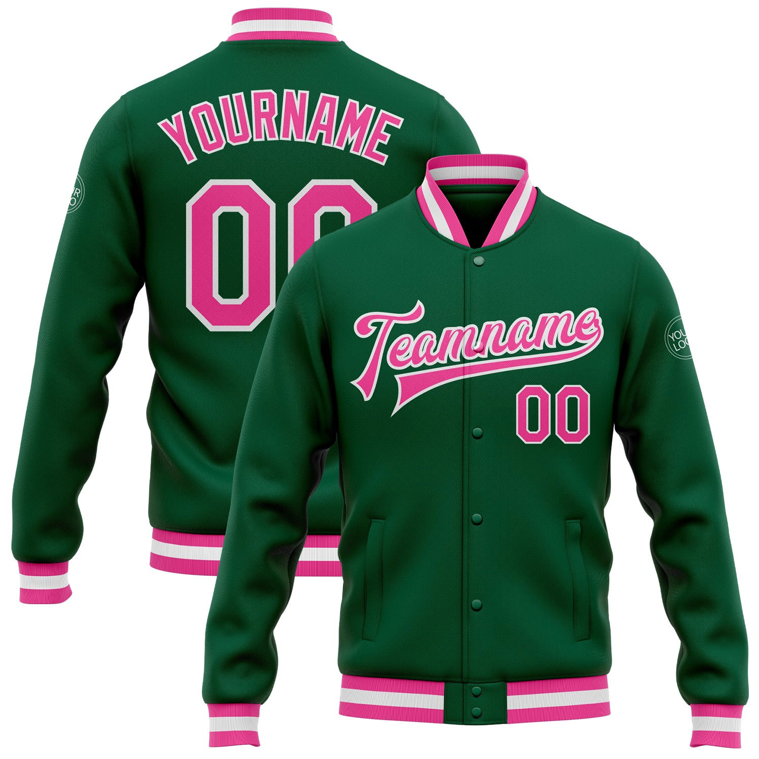 Custom Kelly Green Bomber Jacket Pink-White Varsity Full-Snap Letterman Custom Kelly Green Pink-White Bomber Full-Snap Varsity