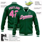 Custom Kelly Green Varsity Letterman Jacket Pink-White Full-Snap Style 7371 Custom Kelly Green Pink-White Bomber Full-Snap