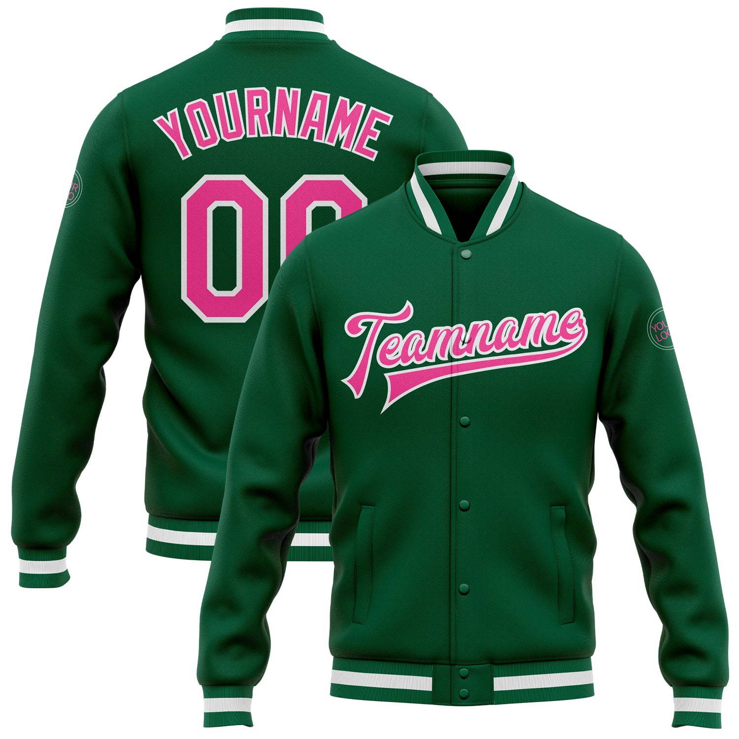 Custom Kelly Green Varsity Letterman Jacket Pink-White Full-Snap Style 7371 Custom Kelly Green Pink-White Bomber Full-Snap