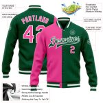 Custom Kelly Green Varsity Letterman Bomber Jacket Pink White Split Design Custom Kelly Green Pink-White Bomber Full-Snap