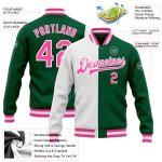 Custom Kelly Green Varsity Letterman Jacket Full-Snap Bomber Pink-White Style 7514 Custom Kelly Green Pink-White Bomber Full-Snap