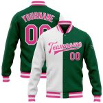Custom Kelly Green Varsity Letterman Jacket Full-Snap Bomber Pink-White Style 7514 Custom Kelly Green Pink-White Bomber Full-Snap