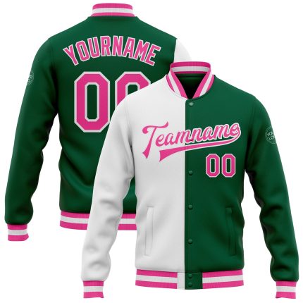 Custom Kelly Green Varsity Letterman Jacket Full-Snap Bomber Pink-White Style 7514 Custom Kelly Green Pink-White Bomber Full-Snap