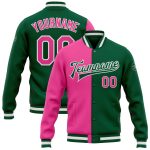 Custom Kelly Green Varsity Letterman Bomber Jacket Pink White Split Design Custom Kelly Green Pink-White Bomber Full-Snap