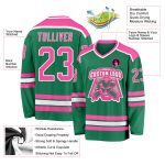 Custom Hockey Jersey in Kelly Green with Pink-White Trim Custom Kelly Green Pink-White Hockey Jersey