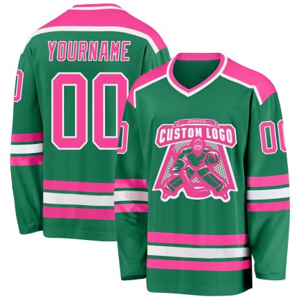 Custom Hockey Jersey in Kelly Green with Pink-White Trim Custom Kelly Green Pink-White Hockey Jersey
