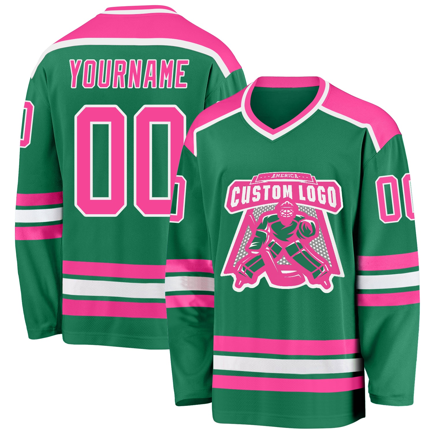 Custom Kelly Green Pink-White Hockey Jersey Custom Hockey Jersey in Kelly Green with Pink-White Trim Custom Kelly Green Pink-White Hockey Jersey