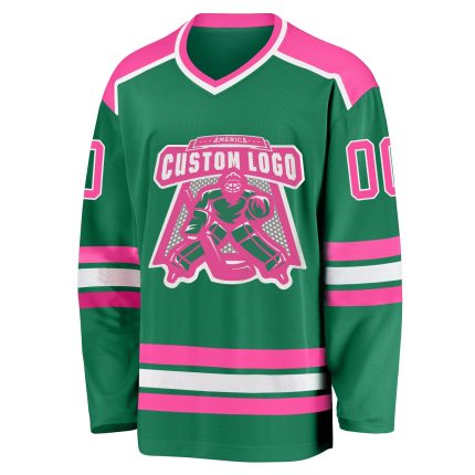 Custom Hockey Jersey in Kelly Green with Pink-White Trim Custom Kelly Green Pink-White Hockey Jersey