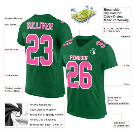 Custom Kelly Green Authentic Football Jersey with Pink-White Mesh Custom Kelly Green Pink-White Mesh Authentic Football Jersey