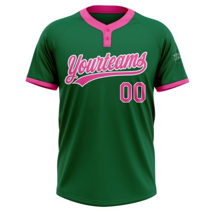 Custom Softball Jersey Unisex Two-Button Kelly Green Pink-White Design Custom Kelly Green Pink-White Two-Button Unisex Softball