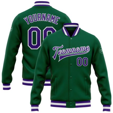 Custom Kelly Green Purple White Varsity Letterman Jacket Bomber Full-Snap Custom Kelly Green Purple-White Bomber Full-Snap