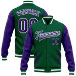 Custom Bomber Jacket Kelly Green Purple White Varsity Letterman Full-Snap Two Tone Custom Kelly Green Purple-White Bomber
