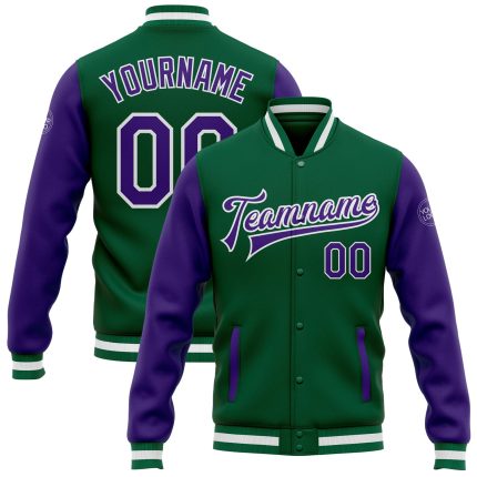 Custom Bomber Jacket Kelly Green Purple White Varsity Letterman Full-Snap Two Tone Custom Kelly Green Purple-White Bomber