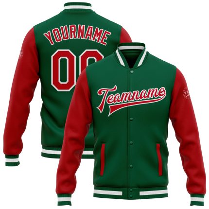 Custom Green Red White Bomber Varsity Letterman Full-Snap Two Tone Jacket Custom Kelly Green Red-White Bomber Full-Snap Varsity