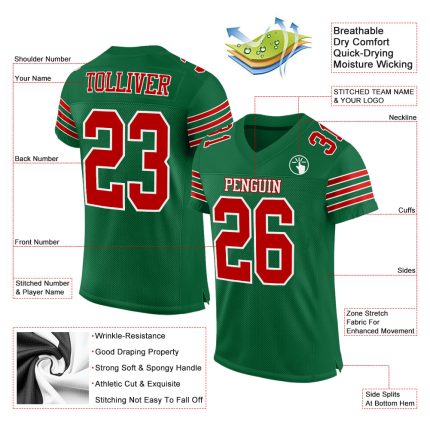 Custom Authentic Football Jersey in Kelly Green and Red-White Mesh Custom Kelly Green Red-White Mesh Authentic Football Jersey