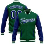 Custom Kelly Green Two Tone Varsity Letterman Full-Snap Bomber Jacket - Royal-White Custom Kelly Green Royal-White Bomber