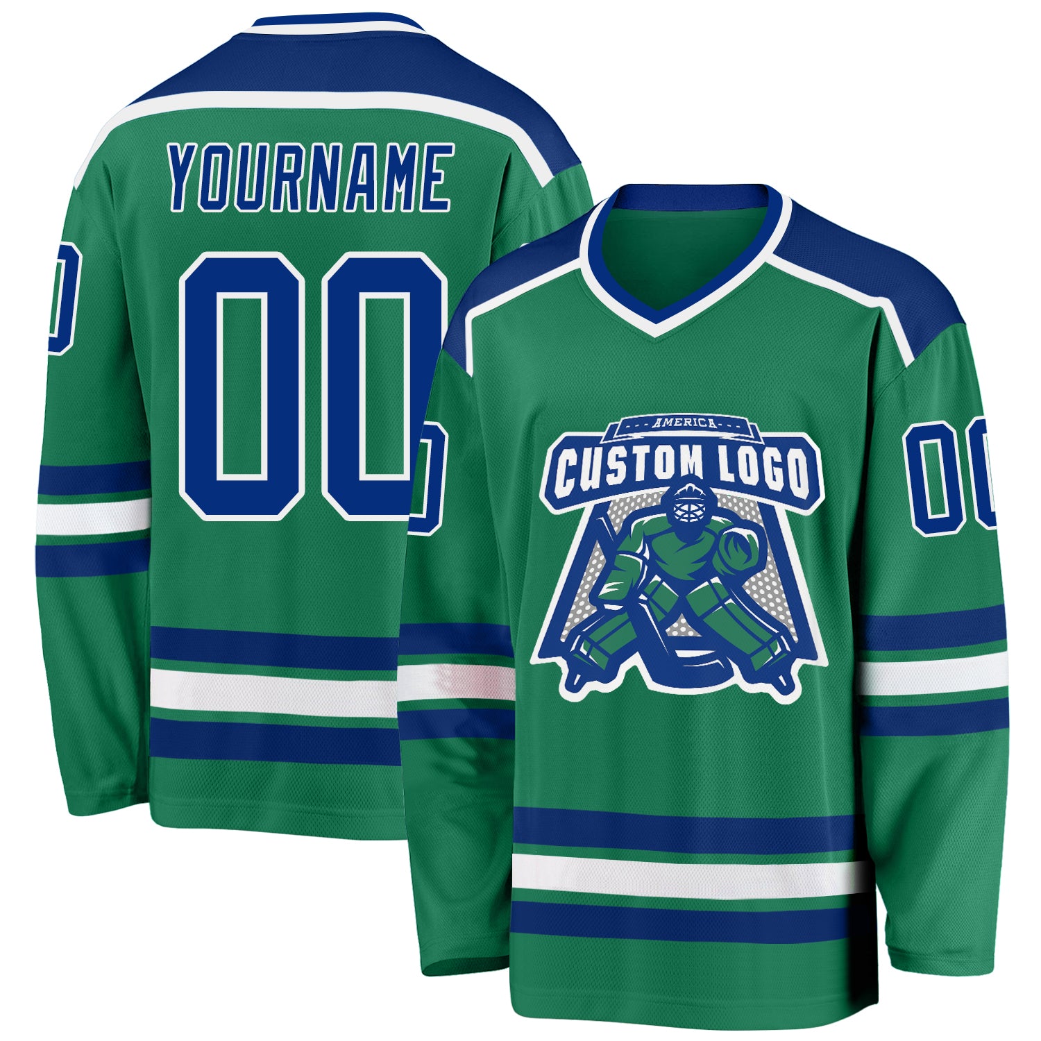 Custom Kelly Green Royal-White Hockey Jersey Custom Green White Hockey Jersey - Personalized Kelly Green Sports Jersey Custom Kelly Green Royal-White Hockey Jersey