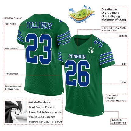 Custom Kelly Green Authentic Football Jersey - Royal-White Mesh Design Custom Kelly Green Royal-White Mesh Authentic Football
