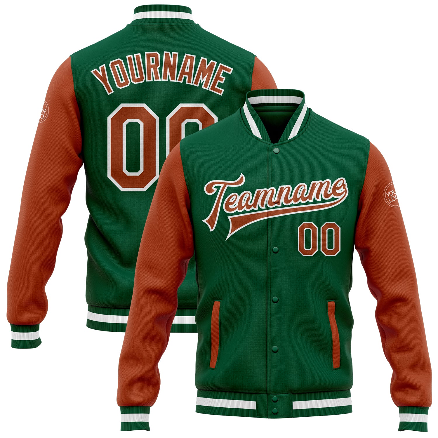 Kelly Green Texas Orange-White Two Tone Varsity Letterman Bomber Full-Snap Jacket Custom Kelly Green Texas Orange-White Bomber