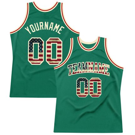 Custom Kelly Green Vintage USA Flag Basketball Jersey Cream Authentic Throwback Custom Kelly Green Vintage USA Flag-Cream