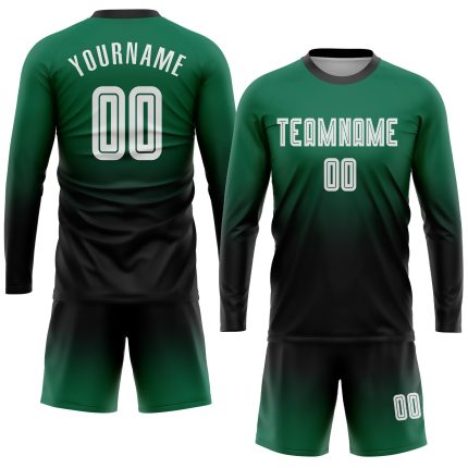 Custom Kelly Green Soccer Uniform Jersey, Long Sleeve Fade Fashion Design, White-Black Custom Kelly Green White-Black Sublimation