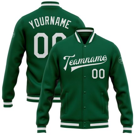 Custom Kelly Green Bomber Jacket Full-Snap Varsity Letterman for Men Custom Kelly Green White Bomber Full-Snap Varsity Letterman