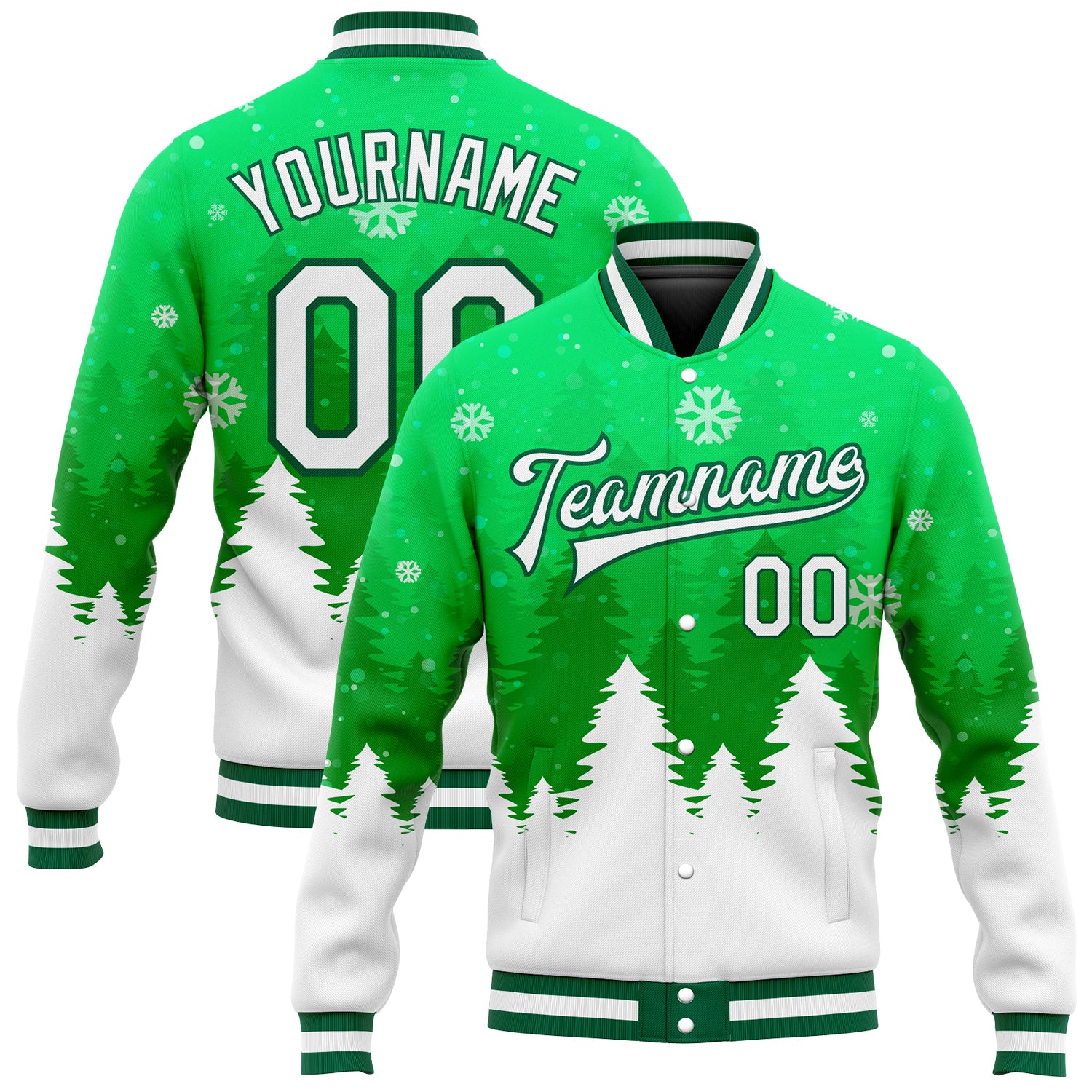 Custom Kelly Green Christmas Bomber Varsity Letterman Jacket Full-Snap 3D Design Custom Kelly Green White Christmas 3D Bomber