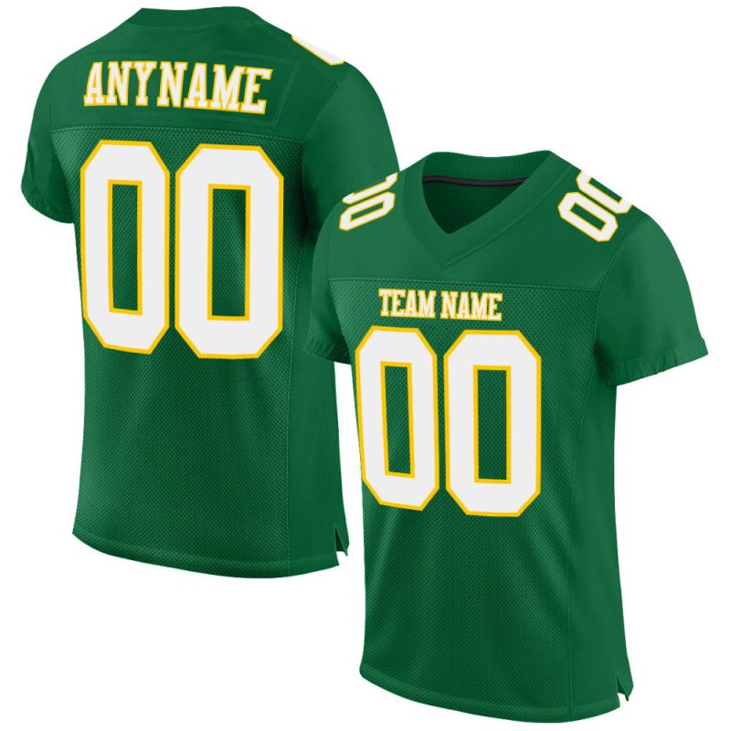Custom Kelly Green Football Jersey | Authentic White-Gold Mesh Design Custom Kelly Green White-Gold Mesh Authentic Football