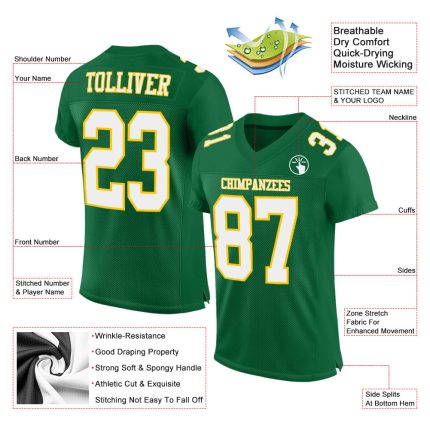 Custom Kelly Green Football Jersey | Authentic White-Gold Mesh Design Custom Kelly Green White-Gold Mesh Authentic Football