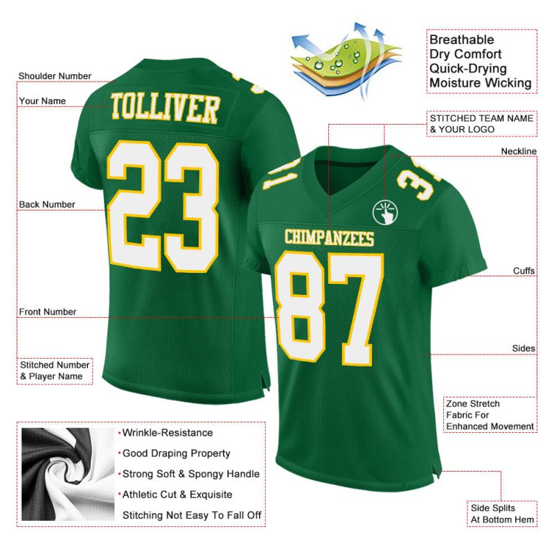Custom Kelly Green Football Jersey | Authentic White-Gold Mesh Design Custom Kelly Green White-Gold Mesh Authentic Football