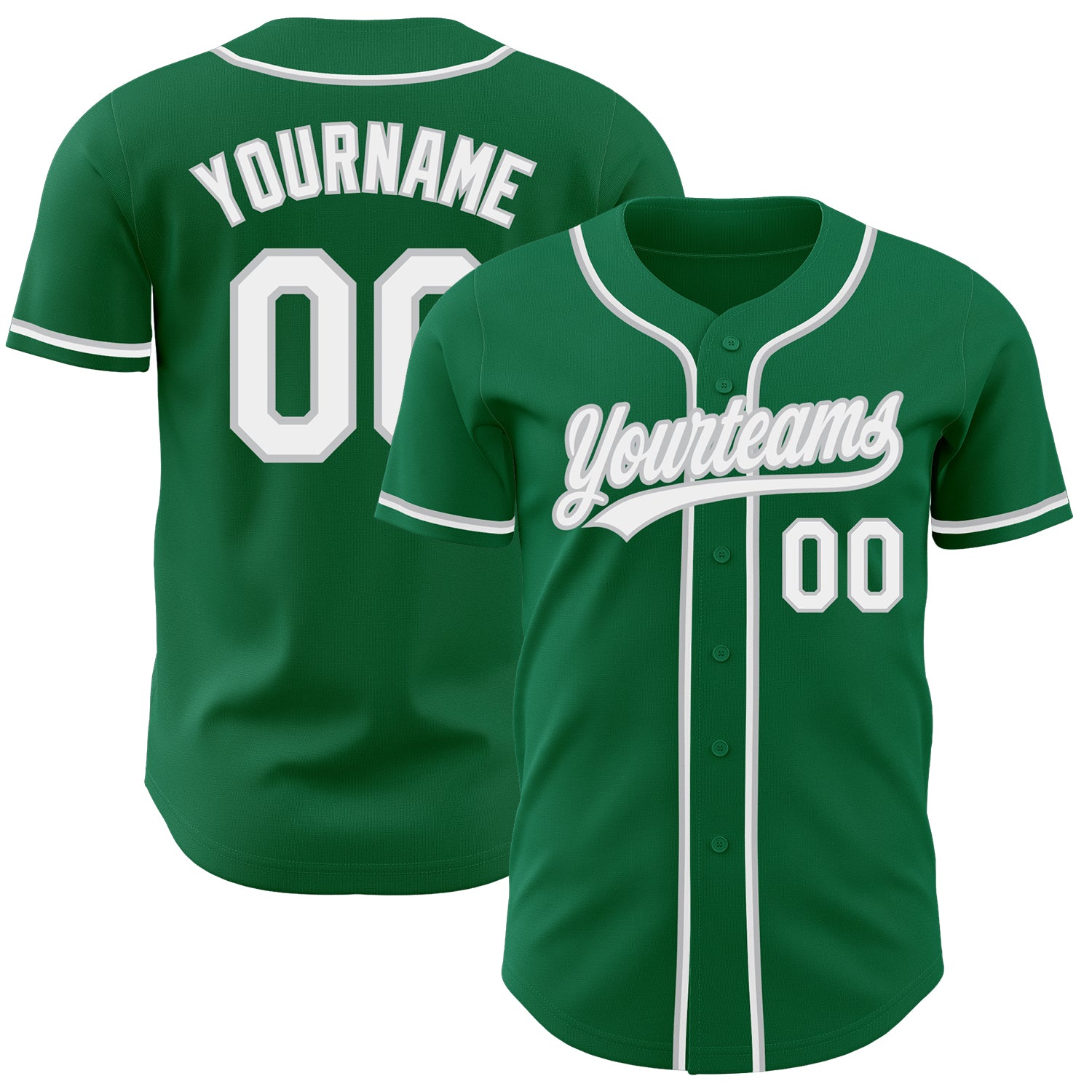 Custom kelly green, white and gray baseball jersey
