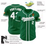 Custom kelly green, white and gray baseball jersey, detail of the printed panel