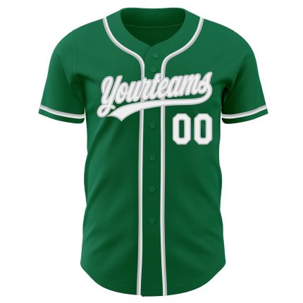 Custom kelly green, white and gray baseball jersey, back view