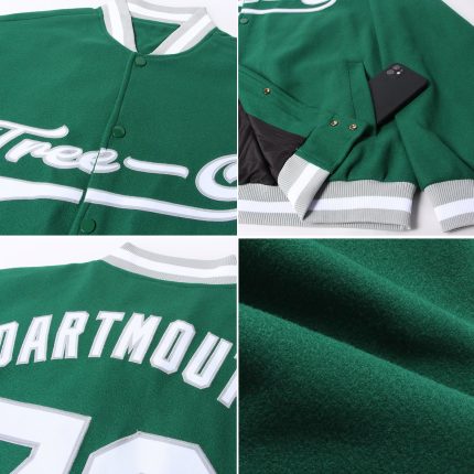 Custom Kelly Green Varsity Letterman Jacket - White Gray Bomber Full-Snap Design Custom Kelly Green White-Gray Bomber Full-Snap