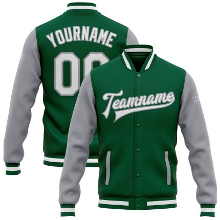 Custom Kelly Green White Gray Two Tone Varsity Letterman Bomber Jacket Full-Snap Custom Kelly Green White-Gray Bomber Full-Snap