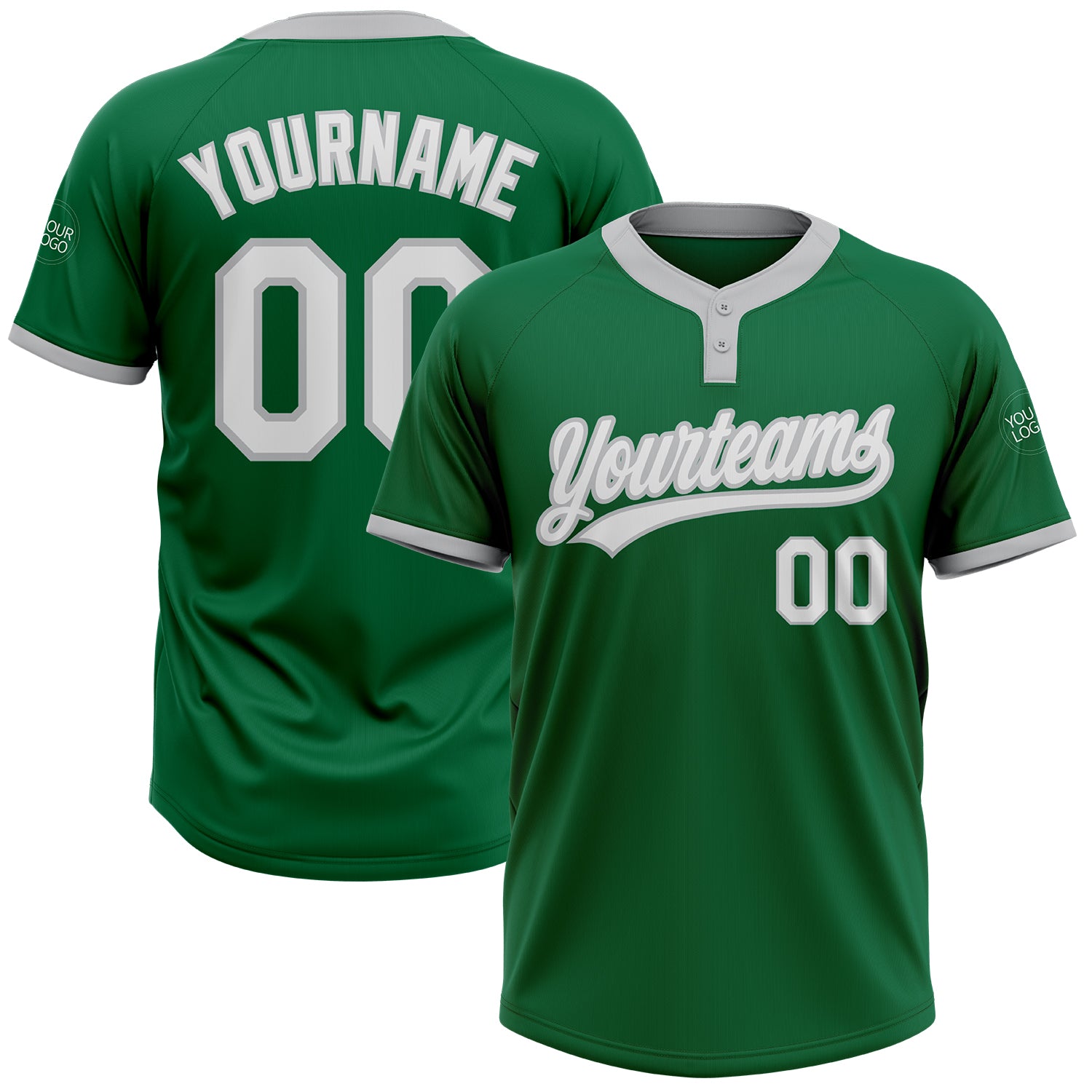 Custom Kelly Green Unisex Softball Jersey - White-Gray Two-Button Design Custom Kelly Green White-Gray Two-Button Unisex