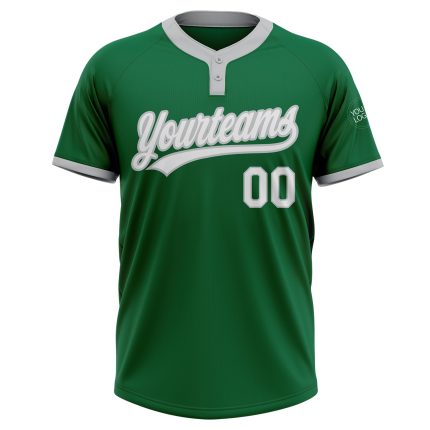 Custom Kelly Green Unisex Softball Jersey - White-Gray Two-Button Design Custom Kelly Green White-Gray Two-Button Unisex
