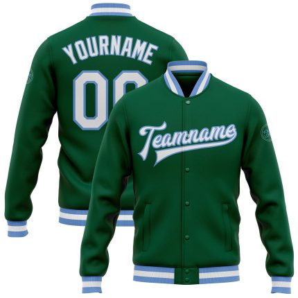 Custom Varsity Letterman Jacket in Kelly Green, White, Light Blue - Full-Snap Bomber Style Custom Kelly Green White-Light